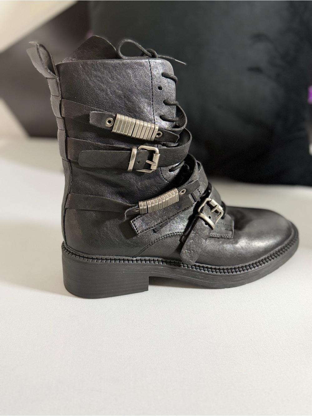 DKNY Black Buckle & Lace Combat Boots